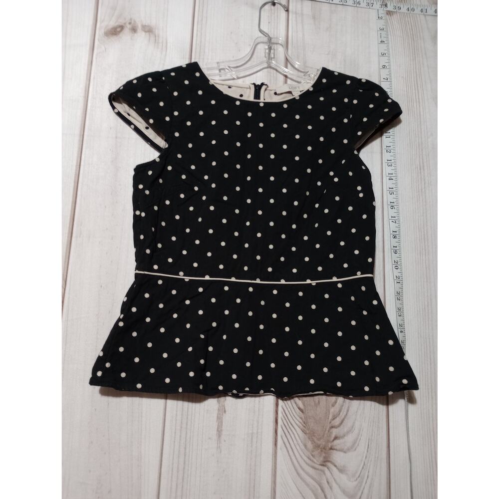 Loft Peplum Top Womens Size 4‎ Black White Polka Dot Cap Sleeve Fitted Blouse
